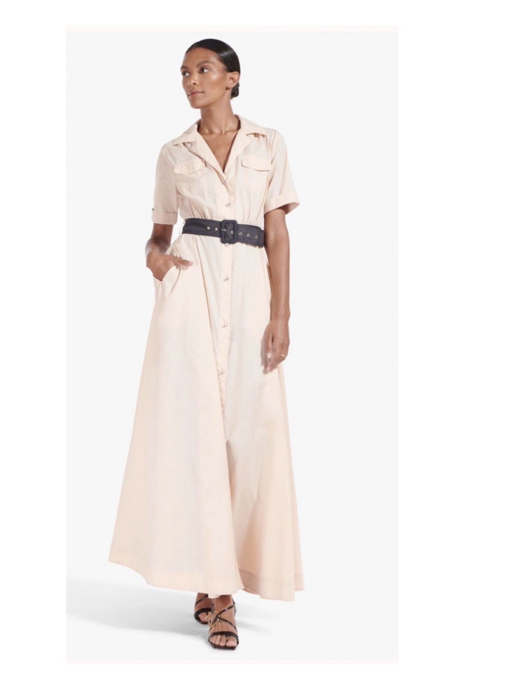 STAUD Cream Linen Button-Front Maxi Dress